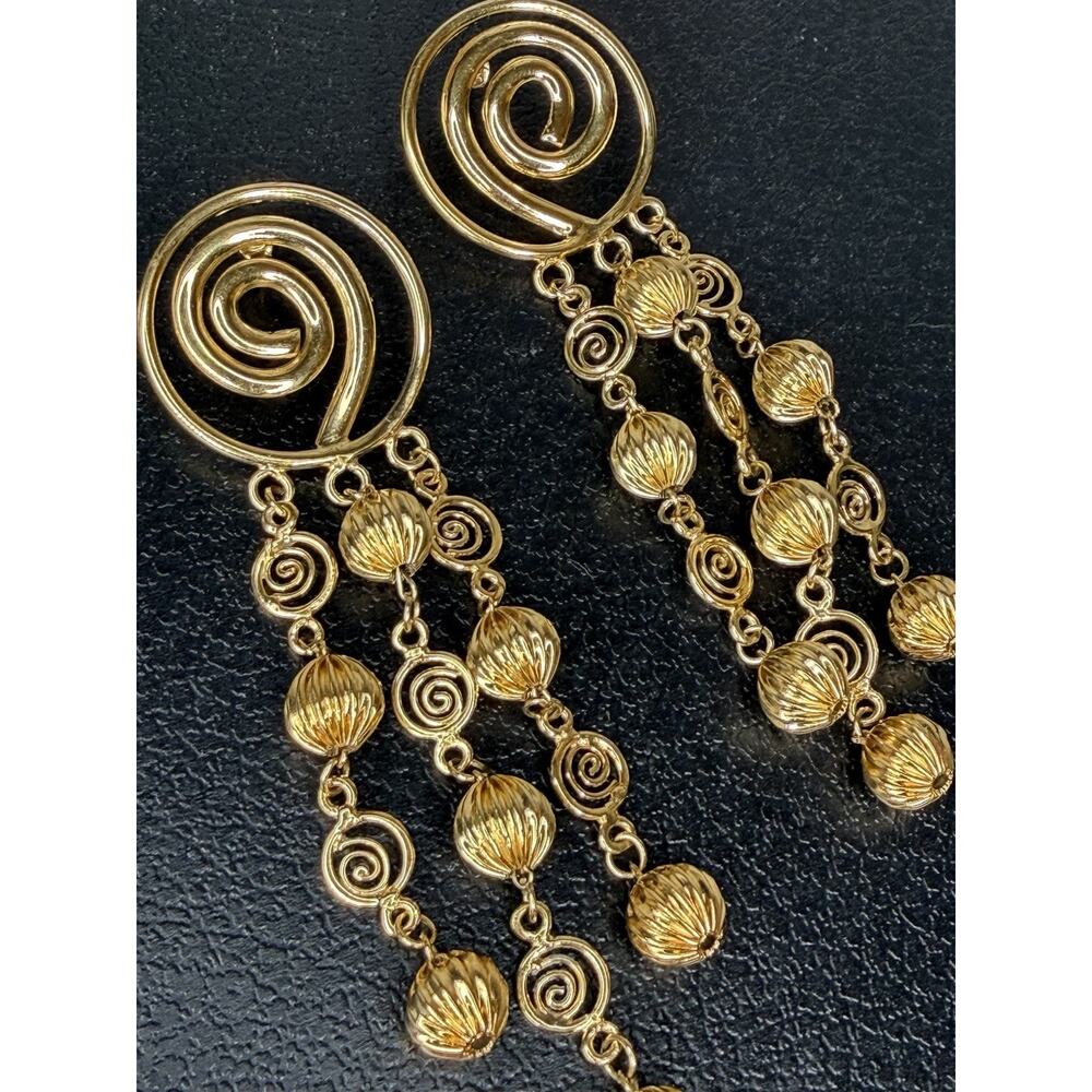 Vintage Gold Tone Statement Runway Jewelry Swirl Earrings Dangle 80s 90s